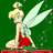 Pixelated fairy character with blonde hair in a bun, green headpiece, red dress, and translucent wings against green background.