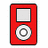 Red rectangular device with square screen and circular control on white background, paired with black of pixelated text