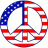 A pixelated peace symbol composed of American flag elements with blue field of white stars on the left, red and white stripes on the right, and a central vertical stripe.