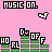 Pixel art animation of a pink background with green audio equalizer bars, text reading "MUSIC ON." and "HO RL D OF F," and small animated arrows.