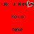 Red background with black pixelated text reading 'luv u Kevin' at top, 'xoxo' in middle left and right, 'brie' at bottom left and right; white heart symbol overlays the 'Kevin' text.