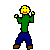 Pixelated character with yellow face, red mouth, green shirt, blue pants, brown shoes in four distinct poses against gray background.