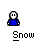 Pixelated character in blue shirt with white face and gray hair, performing snowball-throwing animation against gray background with "Snow" text below.