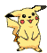 Pixelated yellow cartoon character with black-tipped ears, red cheek circles, and brown stripes on legs, standing against gray background.