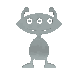 Pixelated alien figure with three eyes, two antennae, and a rounded body in varying grayscale shades
