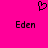 A static image with a bright pink background featuring two identical pixelated 'Eden' text labels and one black pixelated heart symbol above them.