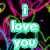 Pixelated text reads "i love you than you know" with "more" in red, over a black background of neon pink and green heart outlines.