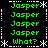 Green text 'Jasper' and 'What?' on black background with white pixelated border, arranged in four quadrants with repeated text and star-like symbols at corners.