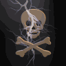 Animated skull and crossbones icon with shifting lightning effects, varying color schemes from brown to blue on dark backgrounds.