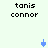 Pixelated text 'tanis connor' appears in four corners of a light green background with blue pixel-art icons moving between positions.