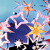 Pixelated star-shaped icons with varied colors and patterns on a blue gradient background, some featuring red and white dotted outlines.