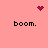 A pink background displays four 'boom.' text blocks arranged in a , with a pixelated heart above the top-left and a pixelated starburst above the top-right, and a pixelated starburst below the center
