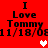 Red background with black text reading "I Love Tommy" and "11/18/08" in four identical , each containing a pixelated heart that alternates between white and pink