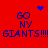 Red background with blue pixelated text 'GO NY GIANTS!!!!' repeated twice, featuring a small heart and starburst animation.