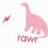 Pixelated pink dinosaur with 'RAW' text below, 'Elyse is a Dinosaur' text to the right, and 'RAWRRR.' text at bottom left on white background.