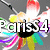 Colorful flower-shaped icon with rainbow petals and black center, displaying partial text "ParisS4" in white outline font.