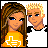 Pixelated image of two characters with long brown hair and spiky blonde hair, wearing yellow and white shirts against a pink heart background.