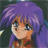 A 48x48 pixel buddy icon featuring a split composition with an anime-style character on the left and text elements on the right against a black background.