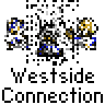 Animated contact sheet of 10 frames showing a pixelated character performing various actions with repeated "Westside Connection" text below each frame.