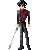 Pixel art character in black uniform with red accents holding a sword, shown across multiple poses on gray background.