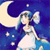 Pixelated image of a figure with light blue hair and white clothing against a dark blue background with a crescent moon and scattered stars.