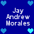 Blue background with pixelated text 'Jay Andrew Morales' repeated four times and multiple blue heart icons arranged around the edges.