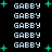 Pixelated text 'GABBY' repeated in a pattern with teal plus signs scattered across a black background