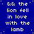 Blue background with white pixelated text repeating 'the lion fell in love with the lamb' across multiple and , some instances showing partial or corrupted text