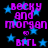 Pixelated text and blue stars on black background, with purple text reading 'becky and morgan' and 'BTRL' in a repeating pattern.