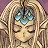 Pixelated close-up of a character with closed eyes, long light brown hair, and a blue headpiece against a purple background.