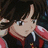 Pixelated close-up of a character with dark hair, light skin, and large eyes wearing red and blue clothing against a dark background.