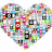 Heart-shaped collage of colorful pixelated icons with green text 'I', 'LOVE', and 'MUSIC' on light blue background.