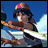 A pixelated anime-style character with a colorful hat and bow, holding a sword-like object against a blue sky background, next to stylized text on a black panel.