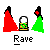 Pixelated icon with red and green triangular shapes, a glass of beer, and the text 'Rave' below.