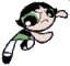 Two identical cartoon characters with black hair, green eyes, and green-and-white outfits face each other against a gray background.