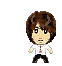 Pixelated character with brown hair in white shirt and red tie, shown in six poses against gray background.