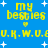 Blue background with yellow text reading 'my besties' and 'U.K.W.U.EU.K.W.U.E' repeated, white stars scattered, small yellow heart below 'besties' in each section.
