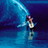 Pixelated image of a person surfing a wave on a purple background with blue text reading 'Follow me' and '2 the ! BEACH !'