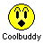 Static pixel art icon of a yellow smiley face with black features and the text "Coolbuddy" below it on a gray background.