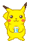 Pixel art contact sheet of 12 Pikachu frames holding a blue cup, arranged in 4 columns and 3 rows on gray background.
