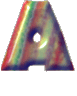 A single uppercase letter A rendered with a glossy, iridescent surface displaying rainbow-like color transitions across its form.