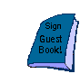 Animated sequence of a blue guest book opening, pages flipping, and a pen writing with a red bookmark, ending with the book closed and text on the cover.
