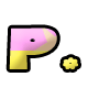 Animated icon with pink and yellow letter P, small flower, and star effects on gray background.