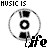 Static black-and-white icon with 'MUSIC IS' text above and a stylized CD graphic below, featuring four distinct frame variations of the disc's internal elements.