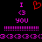 Pixelated text and symbols in pink and red on black background, with a heart symbol above 'I <3 you' repeated twice.