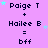 Pixelated text on a purple background with cyan stars, showing 'Paige T + Hailee B = bff' repeated in four