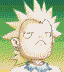 Pixelated character with spiky hair and closed eyes in four color variations against different backgrounds.
