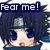 Pixelated anime-style character with dark blue hair and large blue eyes, wearing a silver headband, under text reading 'Fear me!' in white letters on dark blue background.