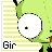 A 48x48 pixel animated buddy icon featuring a green cartoon character with large white eyes and black pupils, displayed in two sequential frames showing slight eye movement against a yellow striped background with partial text "Gir" at the bottom left.