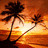 Pixelated sunset beach scene with palm trees and ocean, overlaid with pink text on red background.